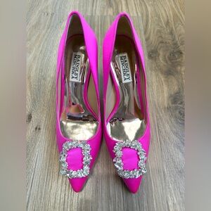 Badgley Mischka Hot Pink Satin Crystal Buckle Pumps Size 6.5